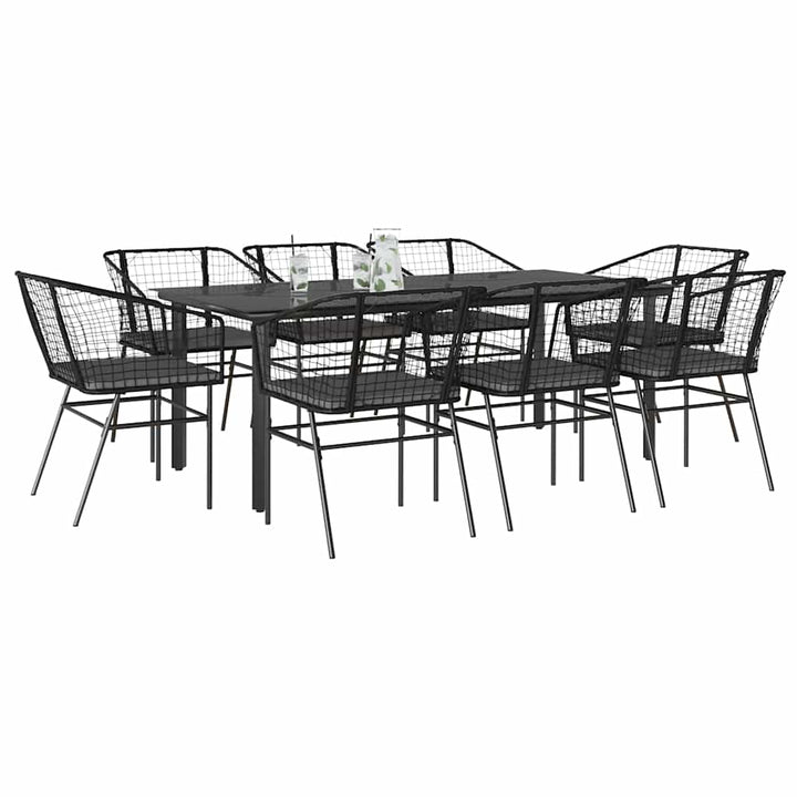 9 dele spisebordssæt til haven m. hynder polyrattan glas sort