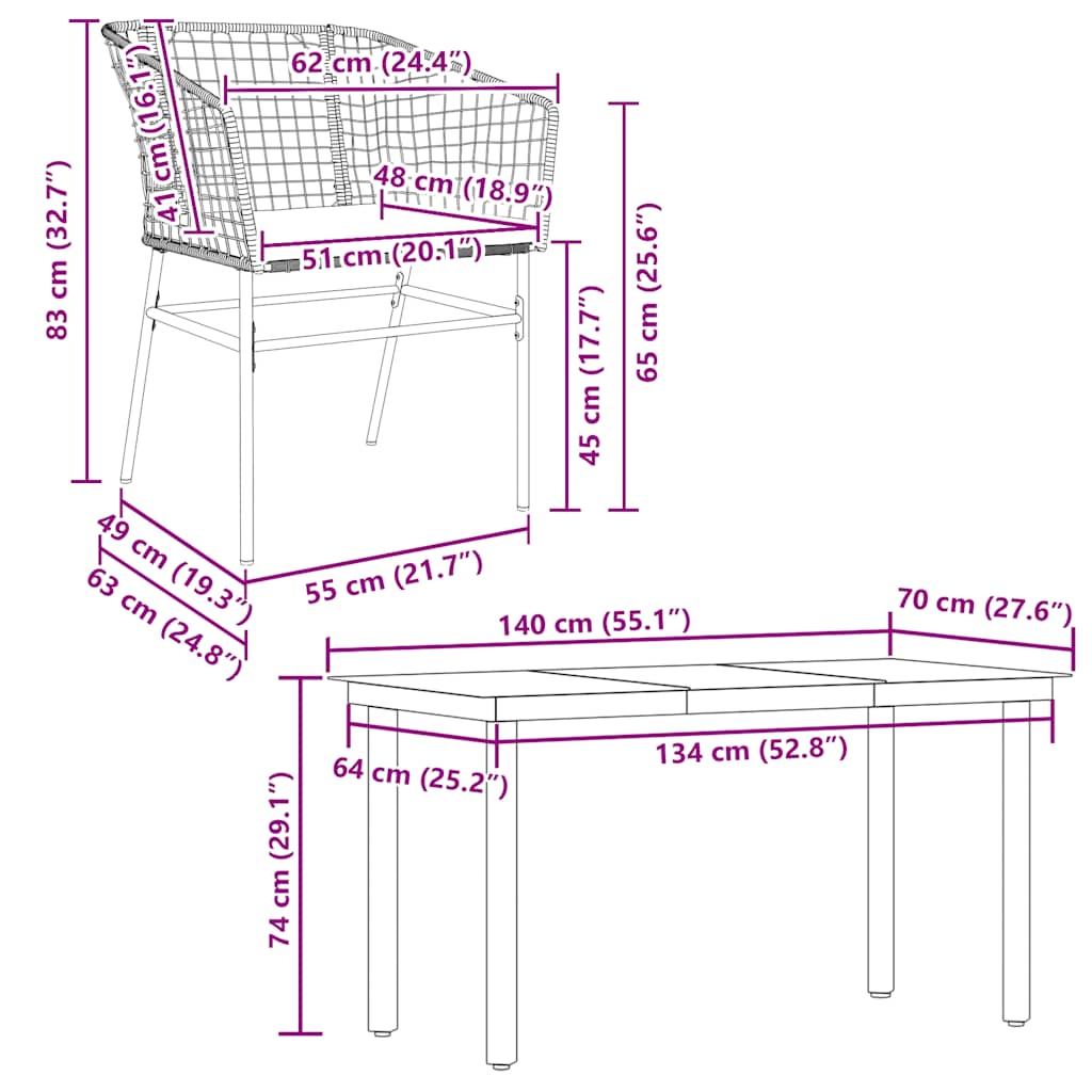 5 dele spisebordssæt til haven m. hynder polyrattan glas brun