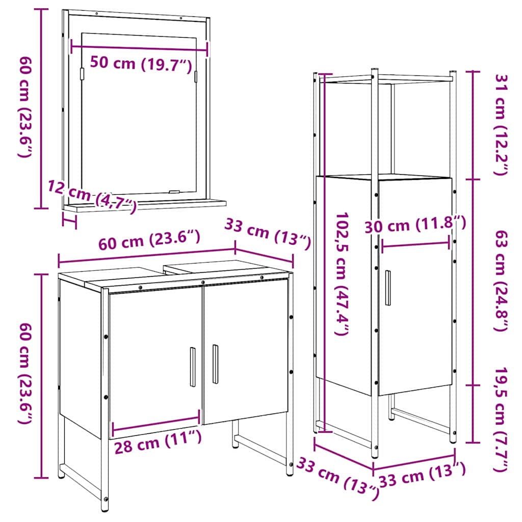 Badeværelsesmøbel sæt med dør 3 pcs Brun 33 x 33 x 102,5 cm