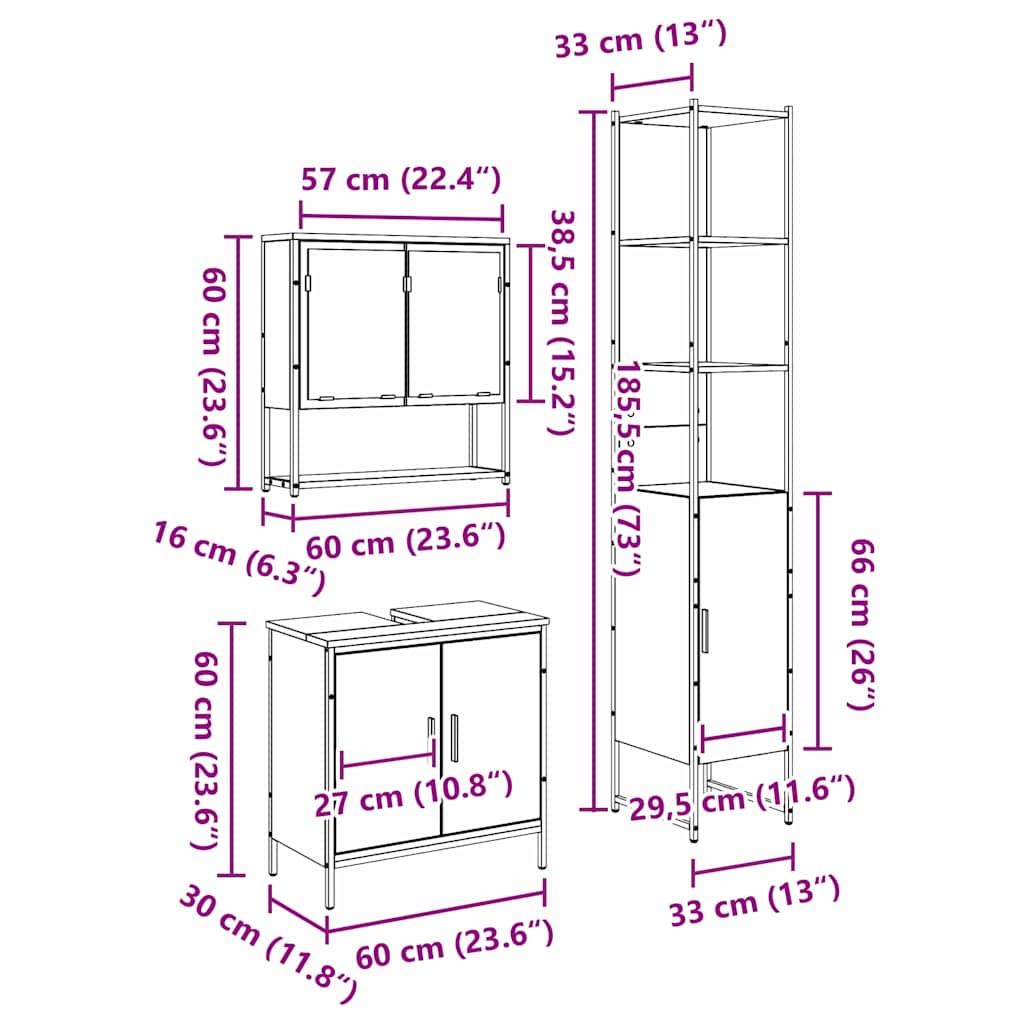Badeværelsesmøbel sæt med hylde 3 pcs Brun 33 x 33 x 185.5 cm