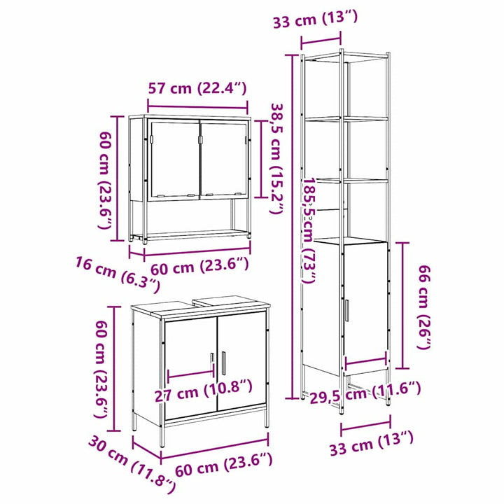 Badeværelsesmøbel sæt med hylde 3 pcs Brun 33 x 33 x 185.5 cm