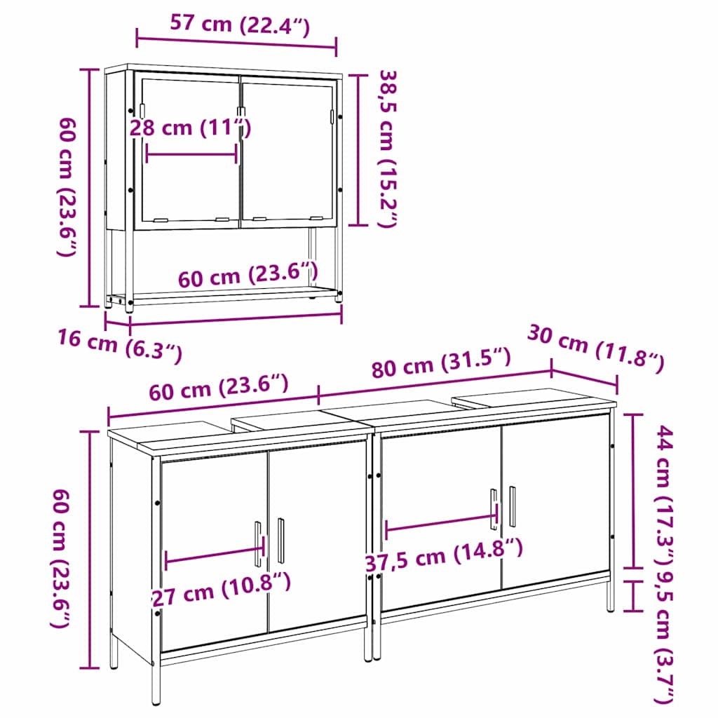 Badeværelsesmøbel sæt med opbevaring 3 pcs Brun 80 x 30 x 44 cm