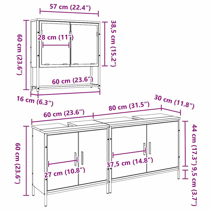 Badeværelsesmøbel sæt med opbevaring 3 pcs Brun 80 x 30 x 44 cm