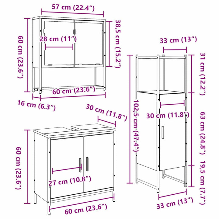 Badeværelsesmøbel sæt med dør 3 pcs Brun 33 x 33 x 102,5 cm