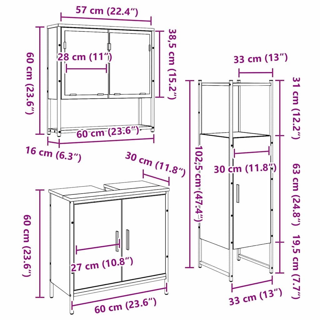Badeværelsesmøbel sæt med dør 3 pcs Brun 33 x 33 x 102,5 cm