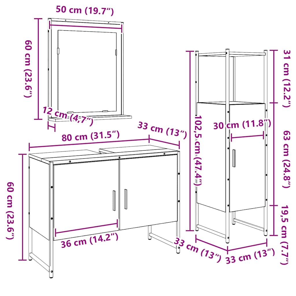 Badeværelsesmøbel sæt med dør 3 pcs Brun 33 x 33 x 102,5 cm