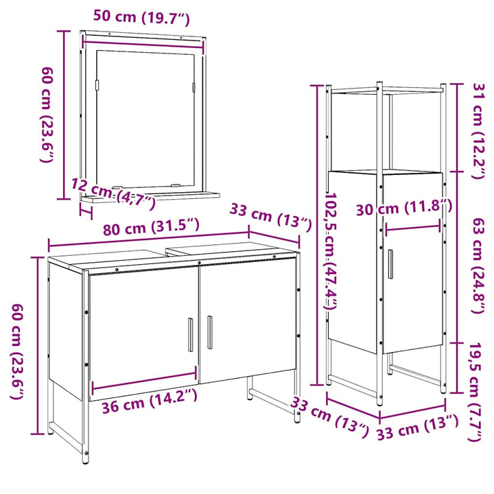 Badeværelsesmøbel sæt med dør 3 pcs Brun 33 x 33 x 102,5 cm