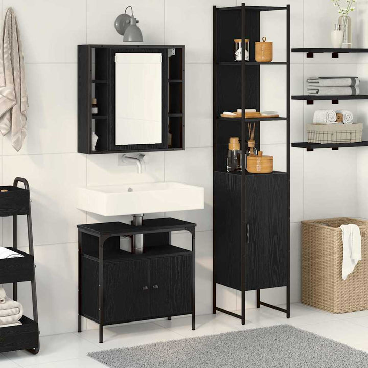 Badeværelsesskabsæt med hylde 3 pcs Sort eg 33 x 33 x 185.5 cm