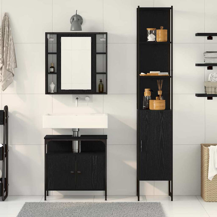 Badeværelsesskabsæt med hylde 3 pcs Sort eg 33 x 33 x 185.5 cm