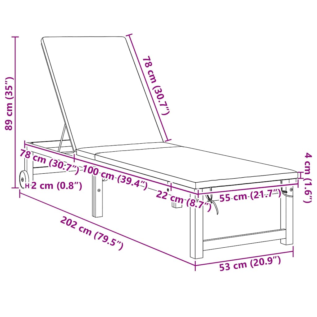 Solstol med pude Brun 53 x 202 x 89cm Massivt akacietræ