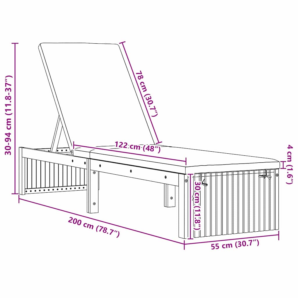 Solstol med pude Brun 200 x 55 x 94cm Massivt akacietræ