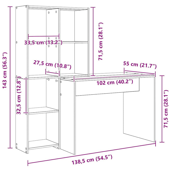 Bord med hylde Hvid 138.5 x 55 x 143 cm Konstrueret træ