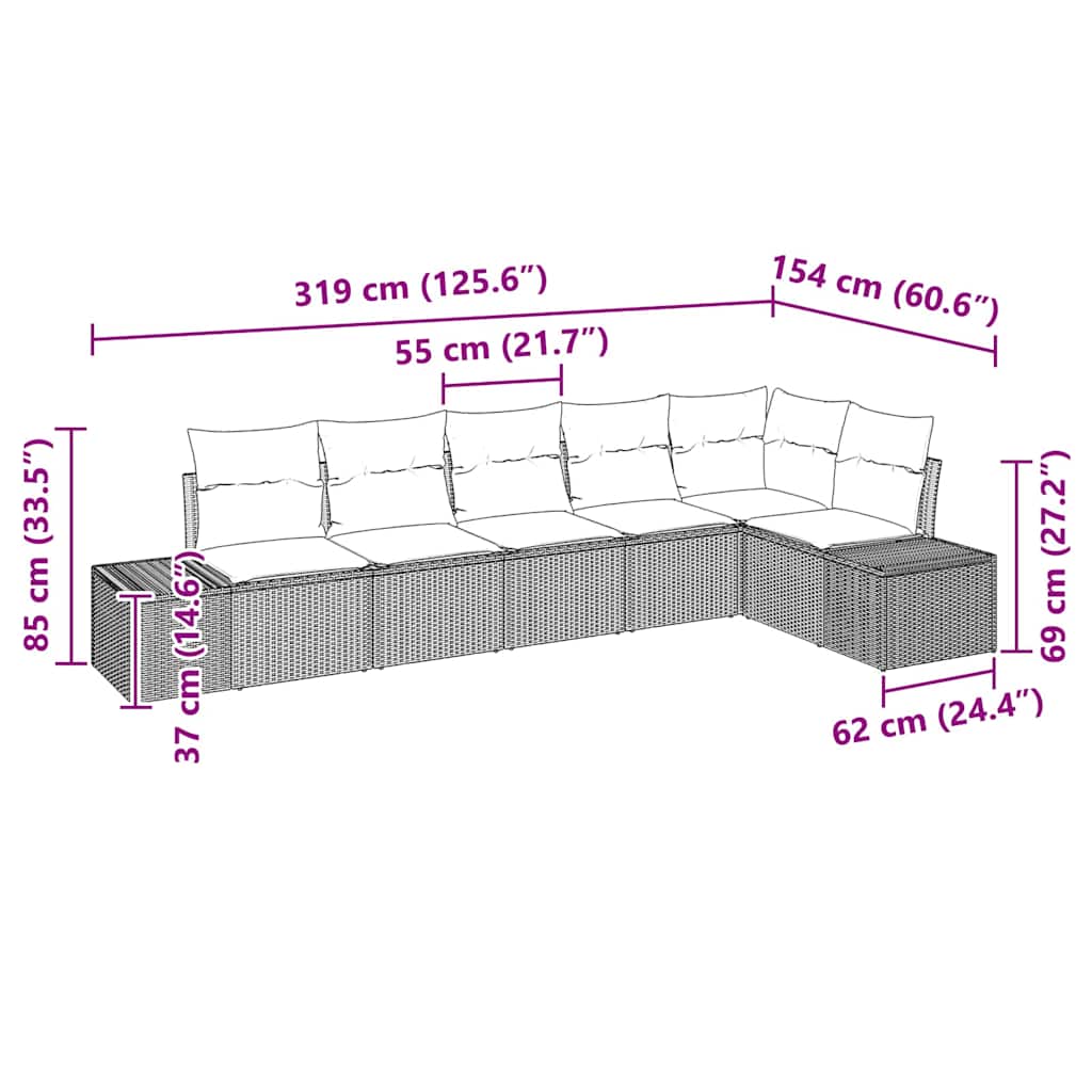 Havesofa Sæt med pude 6 pcs Sort og cremefarvet Poly rattan