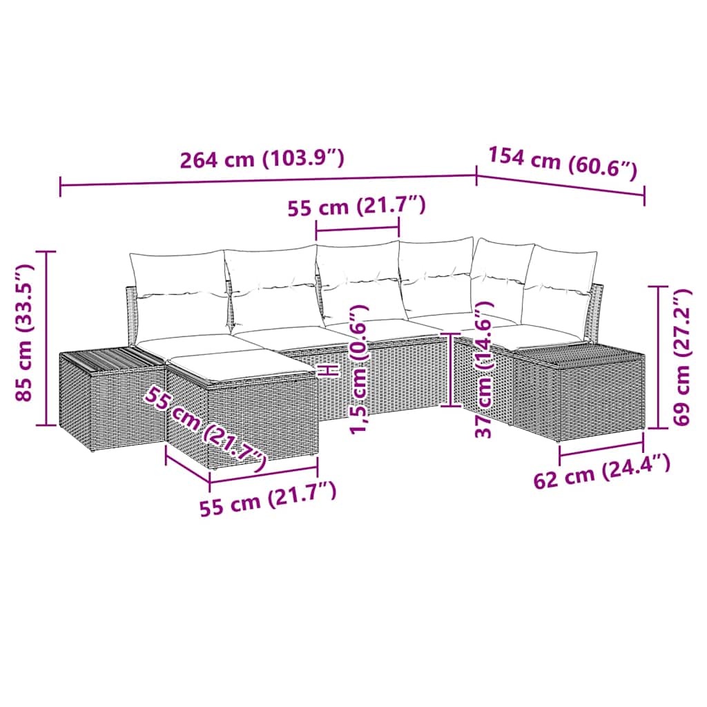 Havesofa Sæt med pude 6 pcs Sort og cremefarvet Poly rattan