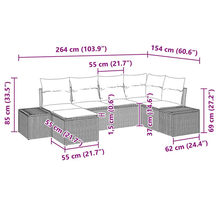Havesofa Sæt med pude 6 pcs Sort og cremefarvet Poly rattan