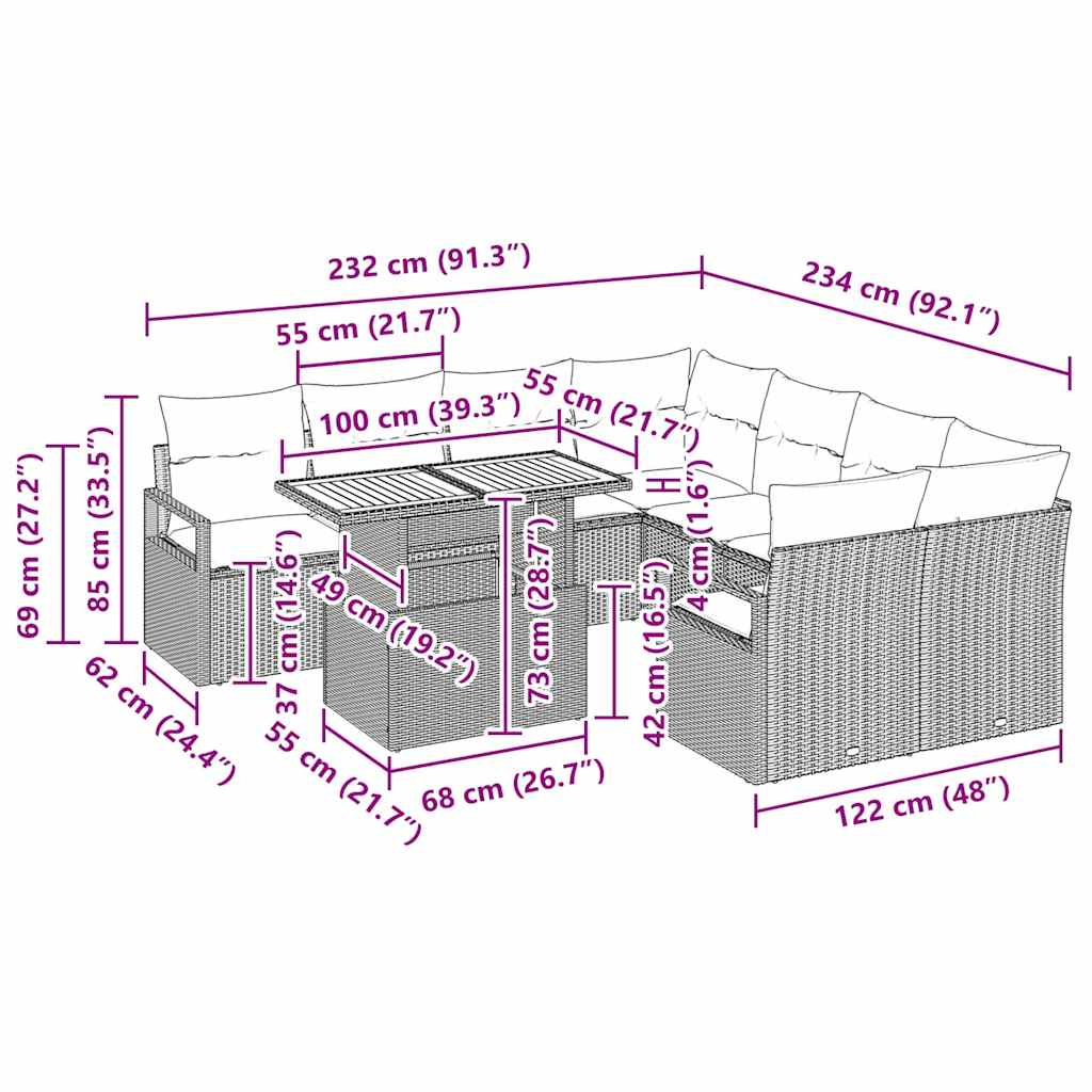 Have Spisebordssæt 9 pcs Sort og Cream 100 x 55 x 73 cm
