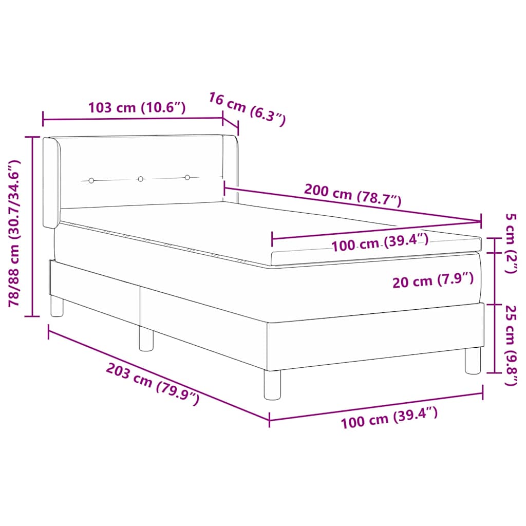 Boks-madrasseng med madras Lysegrå 100 x 200 cm Stof