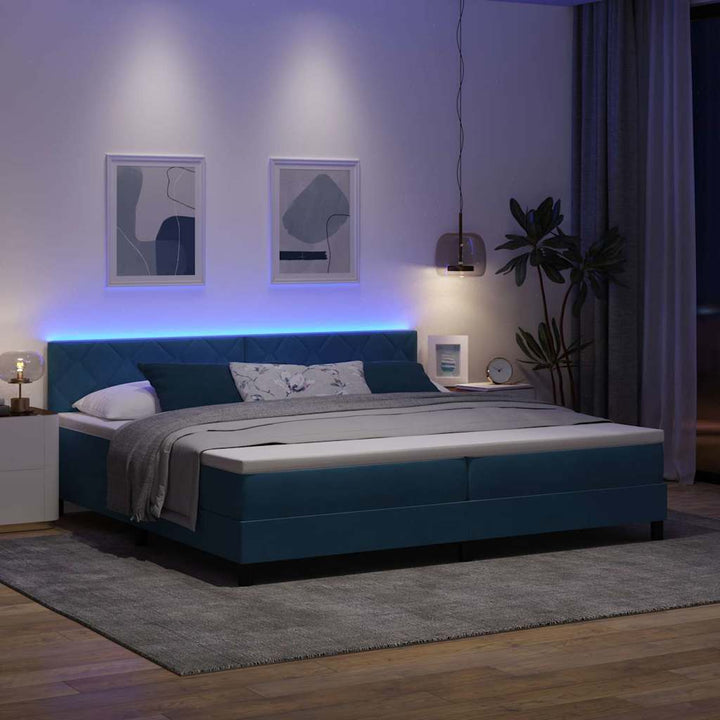 Box spring seng med hovedgærde Mørkeblå 200 x 200 cm Fløjl
