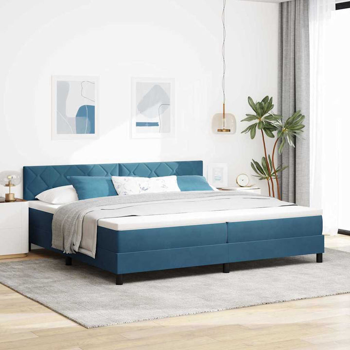 Box spring seng med hovedgærde Mørkeblå 200 x 200 cm Fløjl