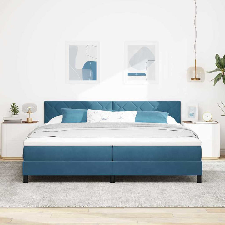 Box spring seng med hovedgærde Mørkeblå 200 x 200 cm Fløjl