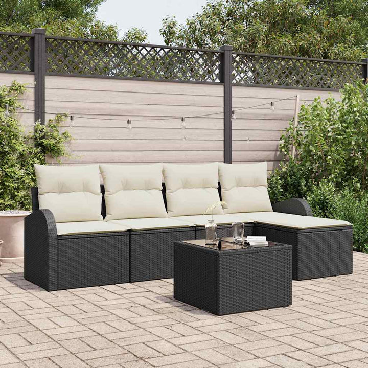 Havesofa Sæt med pude 6 pcs Sort og hvid Poly rattan