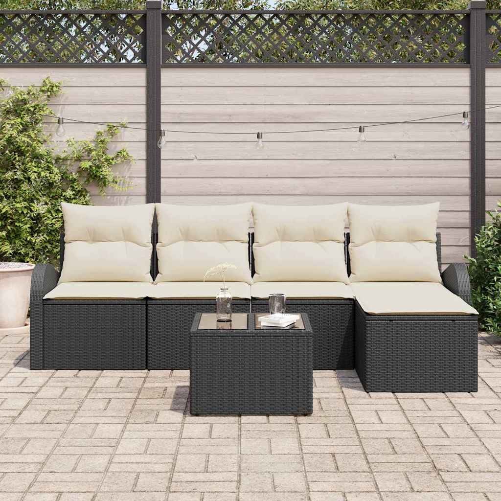 Havesofa Sæt med pude 6 pcs Sort og hvid Poly rattan