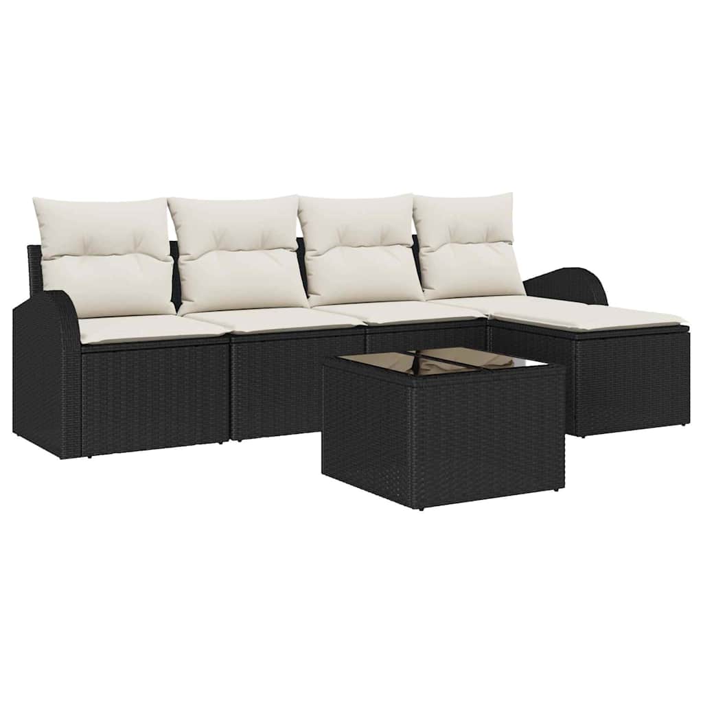 Havesofa Sæt med pude 6 pcs Sort og hvid Poly rattan