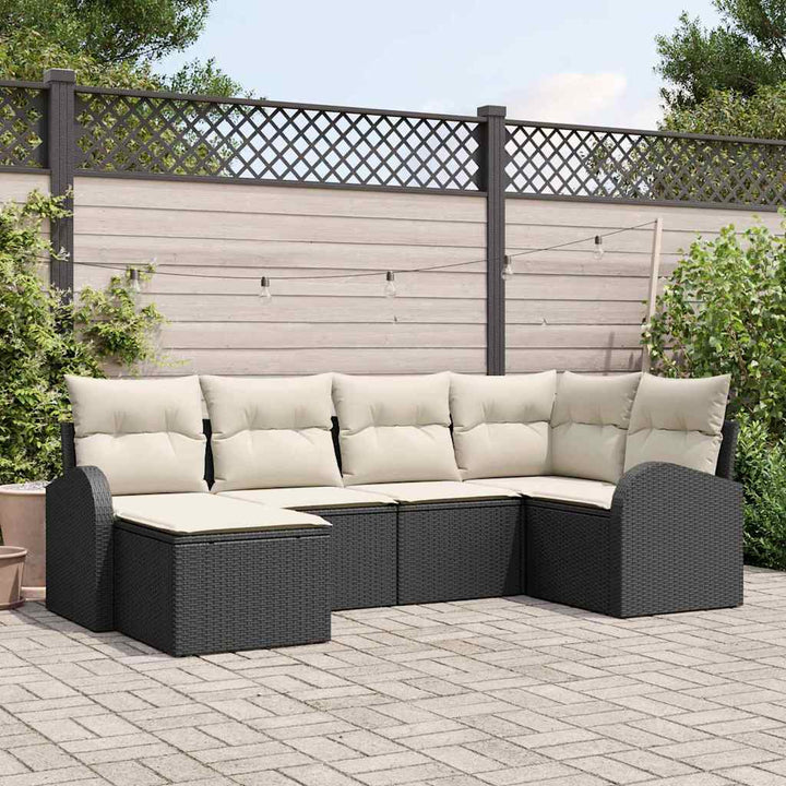 Havesofa Sæt med pude 6 pcs Sort og hvid Poly rattan