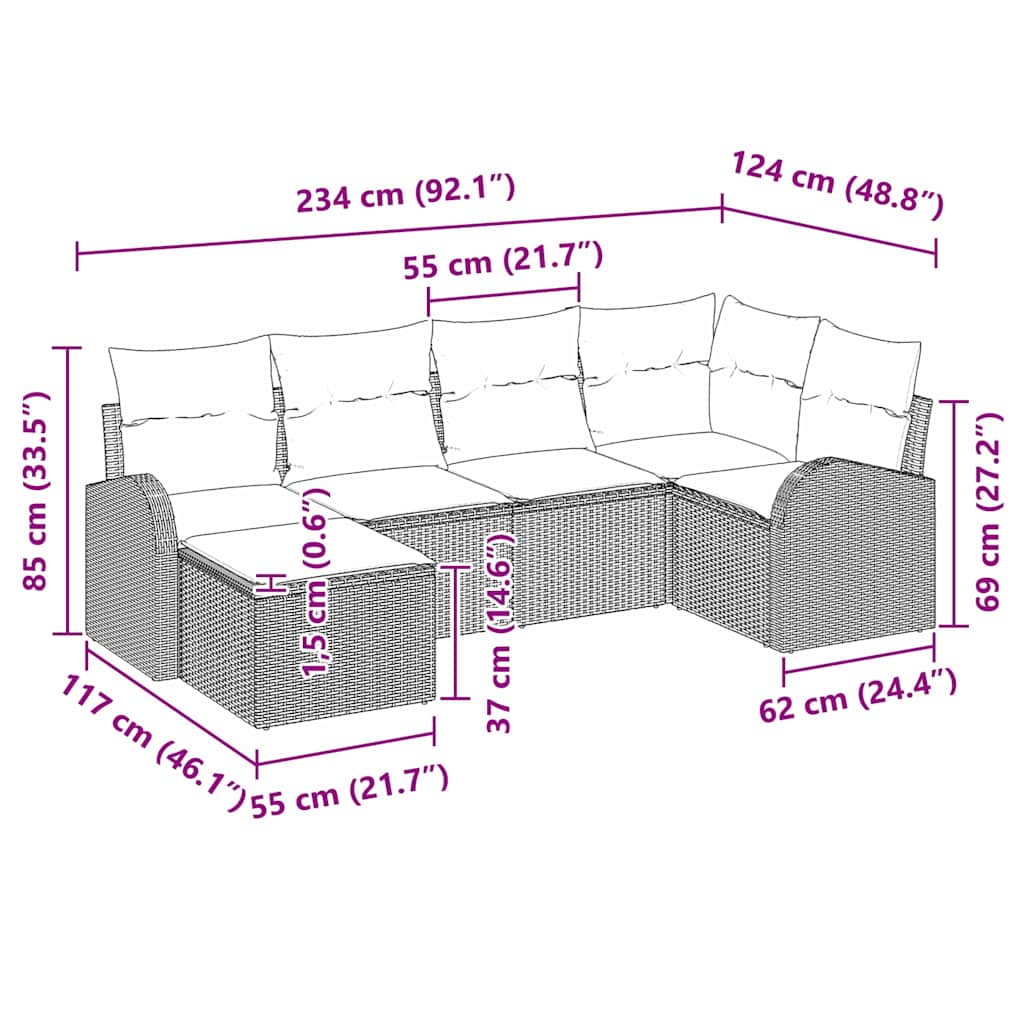 Havesofa Sæt med pude 6 pcs Sort og hvid Poly rattan
