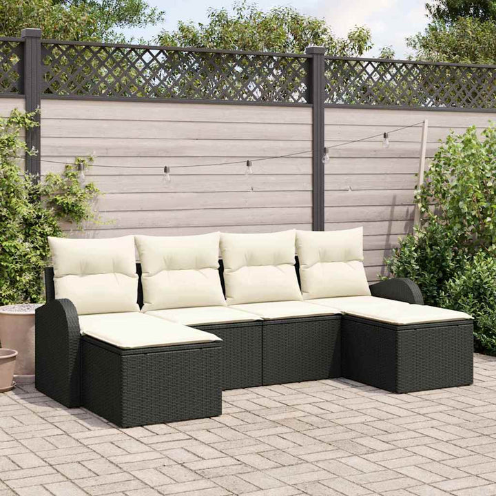 Havesofa Sæt med pude 6 pcs Sort og hvid Poly rattan