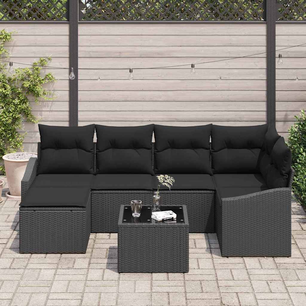 Have Spisebordssæt 7 pcs Sort Poly Rattan og pulverlakeret stål