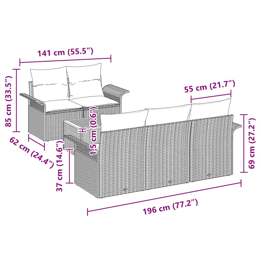 Havesofa Sæt med pude 6 pcs Sort og Cream 55 x 55 x 37 cm