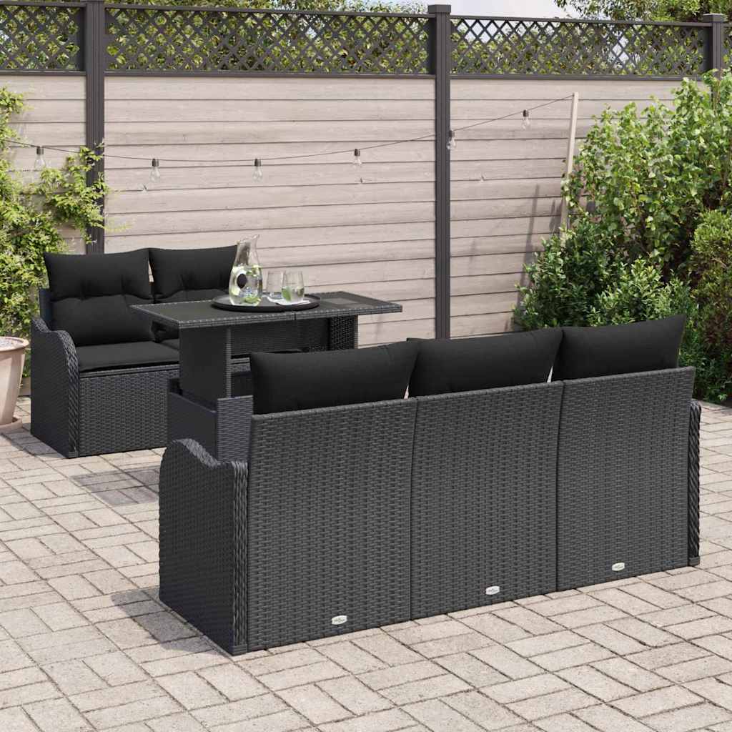 Havesofa Sæt med pude med opbevaring 6 pcs Sort Poly rattan