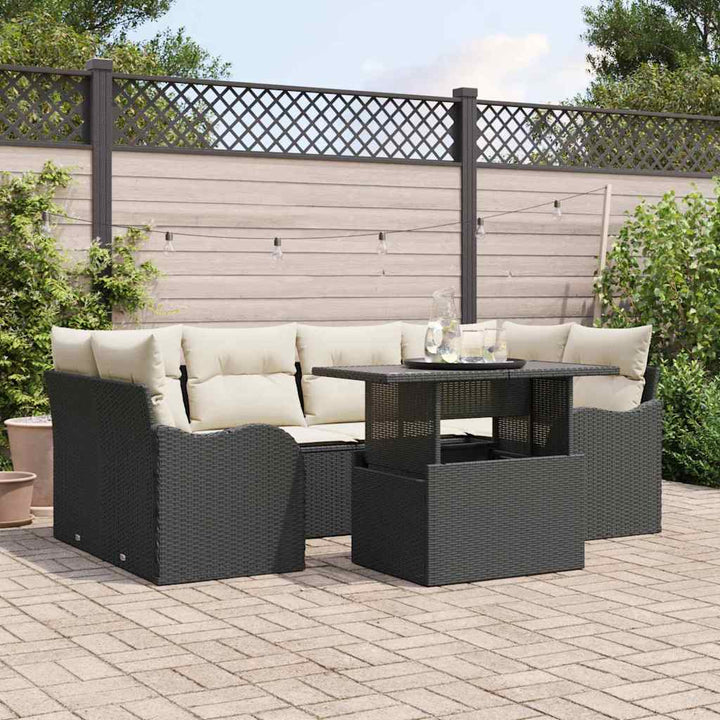 Havesofa Sæt med pude med opbevaring 7 pcs Sort Poly rattan