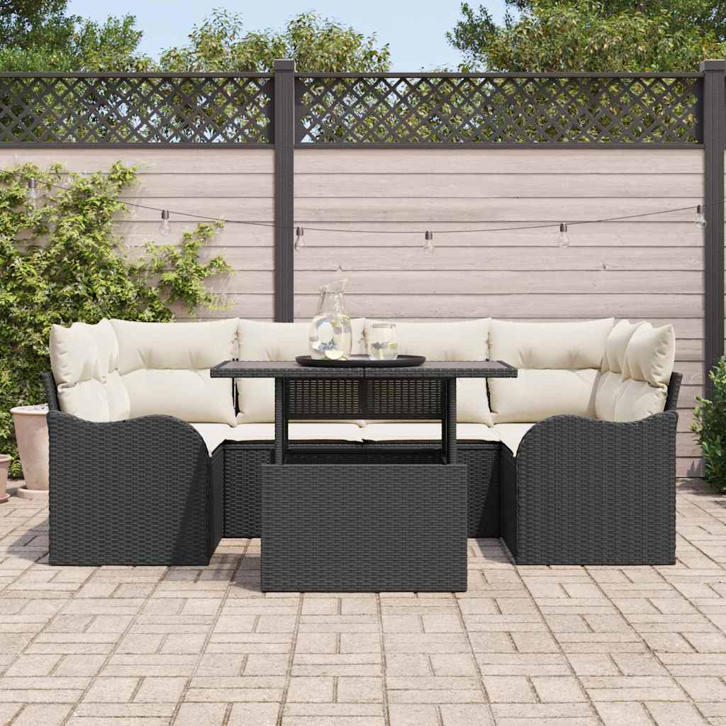 Havesofa Sæt med pude med opbevaring 7 pcs Sort Poly rattan