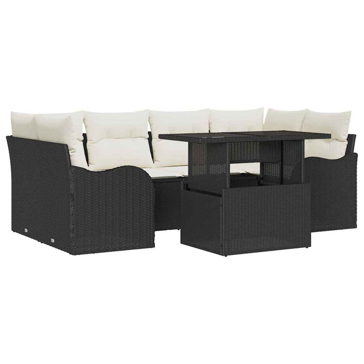 Havesofa Sæt med pude med opbevaring 7 pcs Sort Poly rattan
