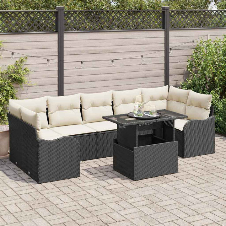 Havesofa Sæt med pude med opbevaring 8 pcs Sort Poly rattan