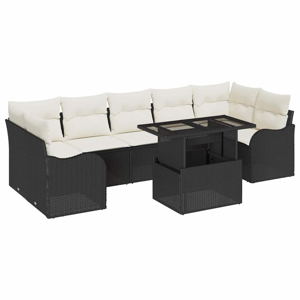 Havesofa Sæt med pude med opbevaring 8 pcs Sort Poly rattan