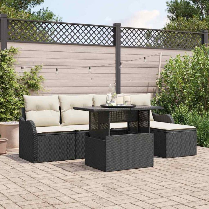 Havesofa Sæt med pude med opbevaring 6 pcs Sort Poly rattan