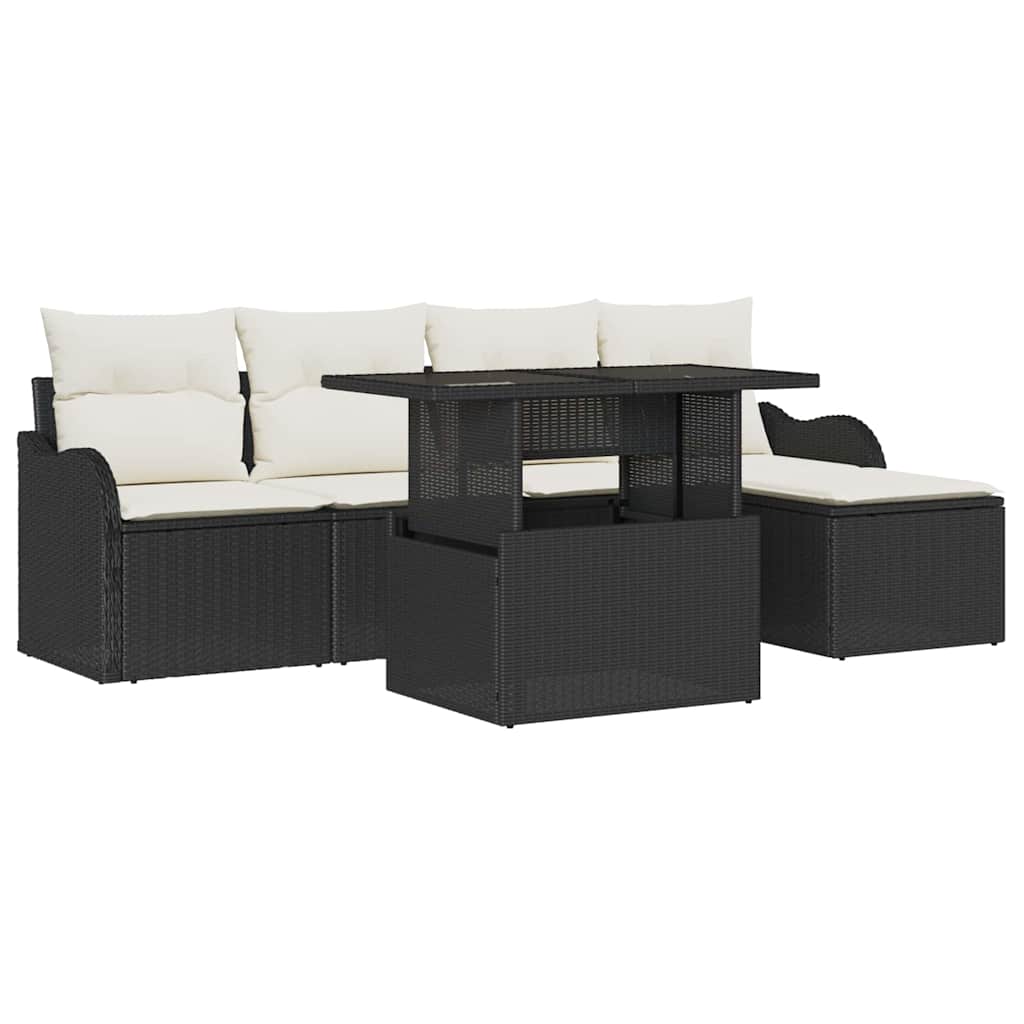 Havesofa Sæt med pude med opbevaring 6 pcs Sort Poly rattan