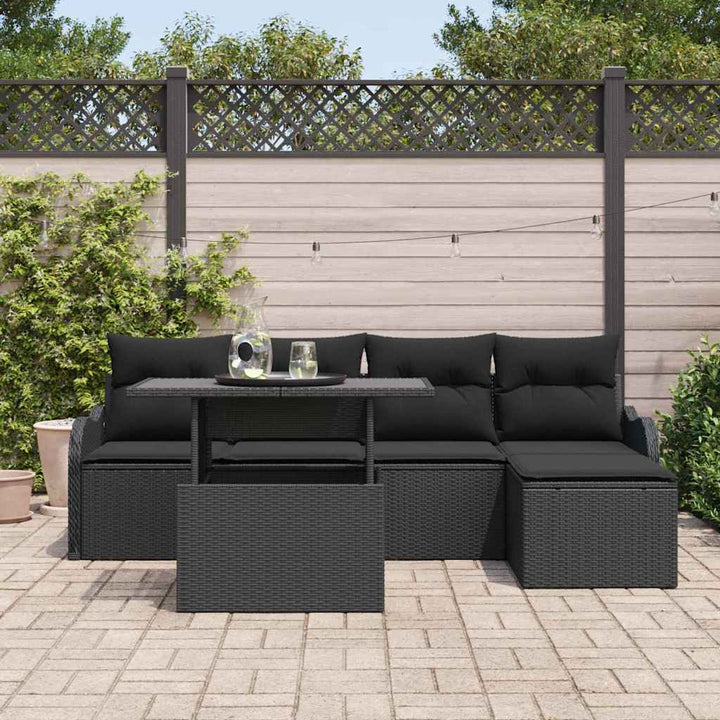 Havesofa Sæt med pude med opbevaring 6 pcs Sort Poly rattan