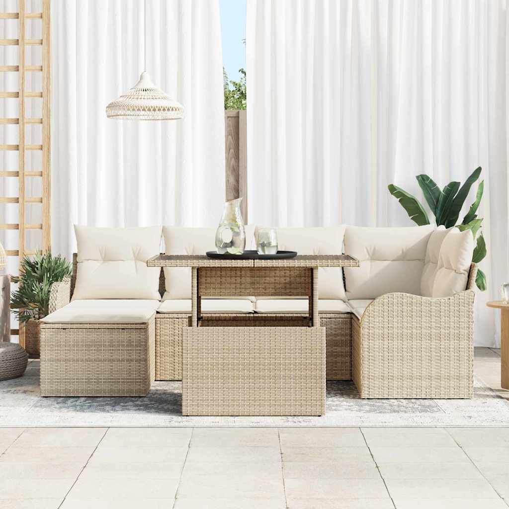 Havesofa Sæt med pude med opbevaring 7 pcs Beige Poly rattan