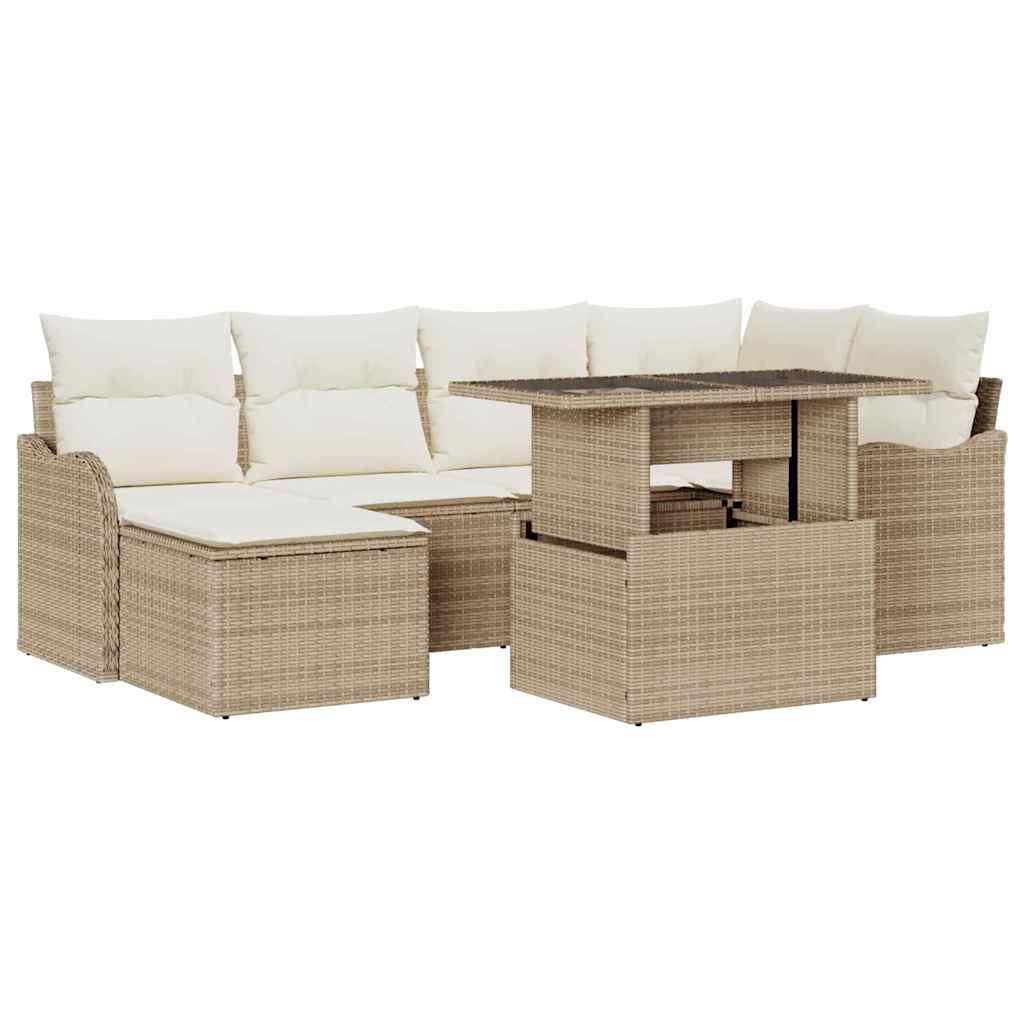 Havesofa Sæt med pude med opbevaring 7 pcs Beige Poly rattan