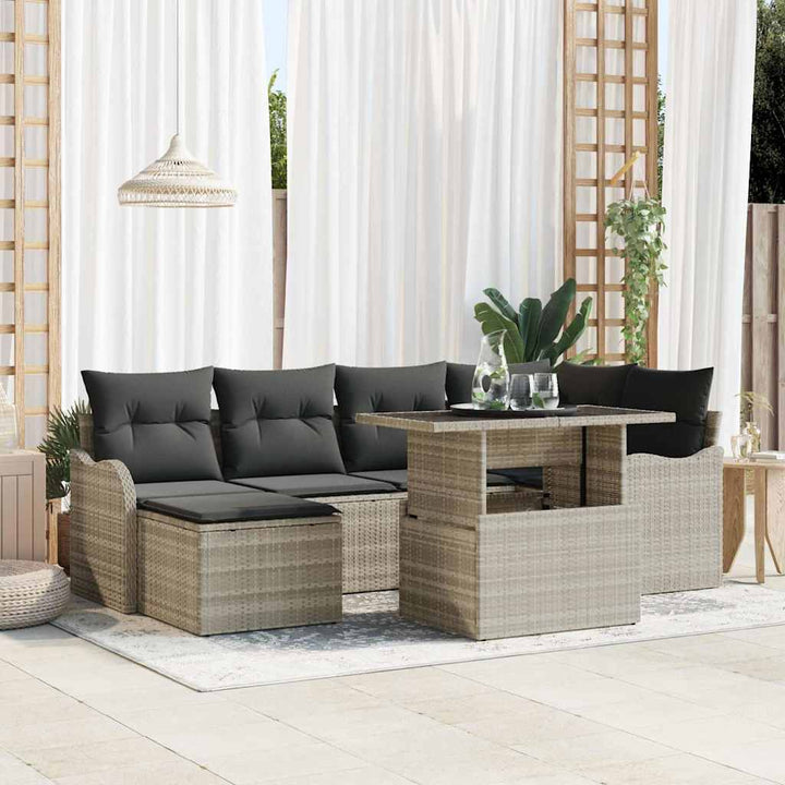Havesofa Sæt med pude med opbevaring 7 pcs Lysegrå Poly rattan