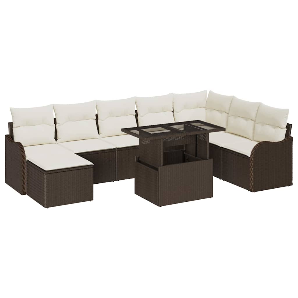 Havesofa Sæt med pude med opbevaring 9 pcs Brun Poly rattan