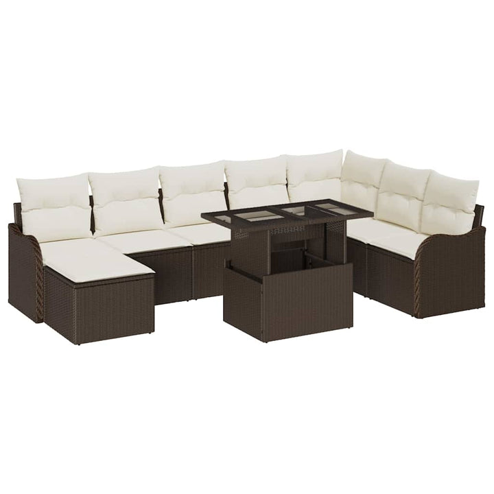 Havesofa Sæt med pude med opbevaring 9 pcs Brun Poly rattan
