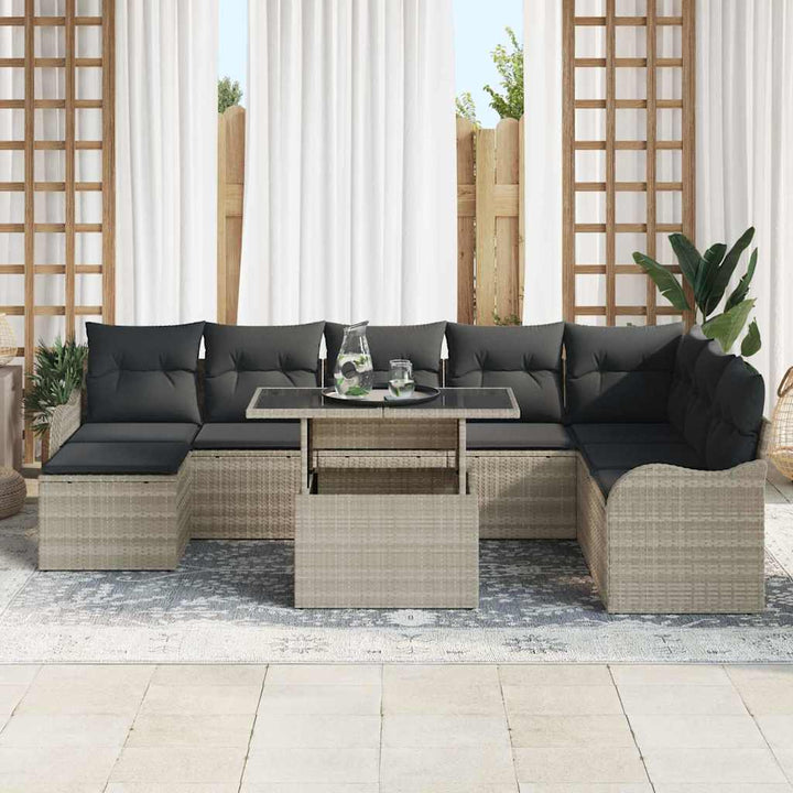 Havesofa Sæt med pude med opbevaring 9 pcs Lysegrå Poly rattan