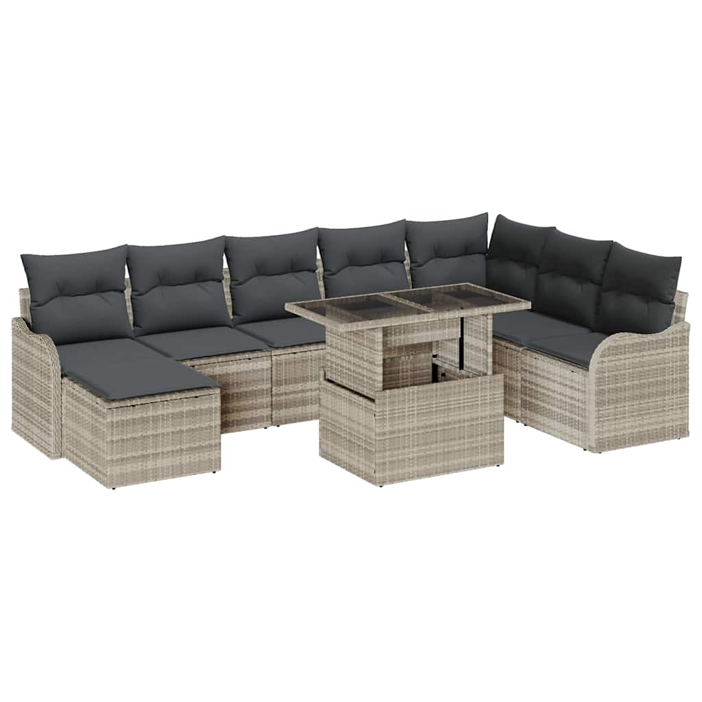Havesofa Sæt med pude med opbevaring 9 pcs Lysegrå Poly rattan