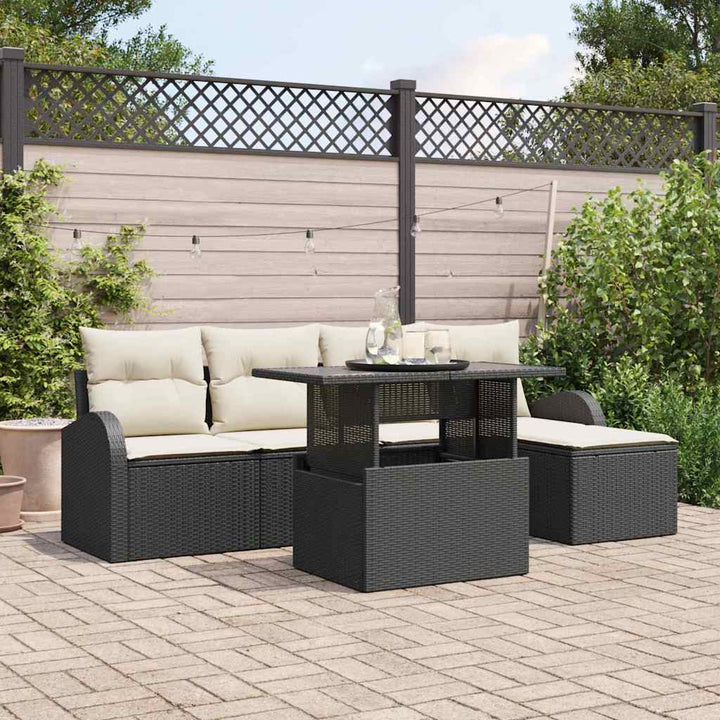 Havesofa Sæt med pude med opbevaring 6 pcs Sort Poly rattan