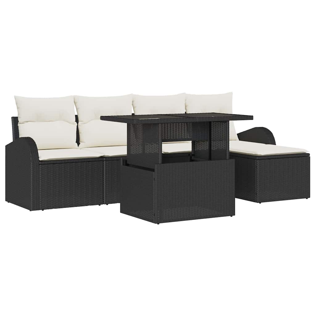 Havesofa Sæt med pude med opbevaring 6 pcs Sort Poly rattan